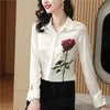 Lüks ipek saten çiçek bej gömlekler kadın tasarımcı yaka uzun kollu baskılı bluzlar 2023 Sonbahar Kış Zarif ve Gençlik Düğmesi Gömlek Ofisi Bayanlar Pist Üstleri
