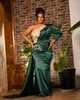 Nigeria Aso Ebi Elegant aftonklänningar Dark Green Satin Pleated One Shoulder Lace Appliqued Formal Party Gowns Long Mermaid Second Reception Prom Dress CL2755