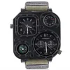 GMT Dual Time Militaire Montre Homme Boîtier En Acier Inoxydable Arrière Montres À Quartz Extérieures Bande De Toile Boussole 50mm Grand Cadran Carré Masc210C