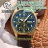 2020 ZFF Dernière série Spitfire Fighter Boîtier en bronze 387902 Cadran vert ETA A7750 Chronographe Mécanique Montre Homme Chronomètre Montre322S