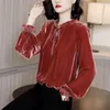 Kvinnors blusar 2023 Autumn Casual Women Short Blus Gold Velvet Shirt Winter Long Sleeve Stand Collar Blousas Basic Tops Pullovers WZ2300