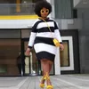Plus Size Dresses L-4XL Women Stripe Printing Long Sleeve African Style Midi Dress Fashin Basic Side Slit T-shirt Slim