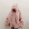 Damski futra zimowa Faux Faux Fluffy Puszysta kurtka z uszami Raglan Sleeve Zipper Oversize Harajuku Kawaii Hood
