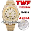 2022 TWF V3 126333 126334 A2824 Relógio automático masculino 116244 diamantes pavimentados mostrador árabe 904L caixa de ouro inoxidável totalmente gelado Dia285O
