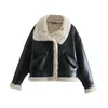 Women's Leather Winter Coat Streetwear Faux Lamb Fur Lapel Crop Jacket Autumn Female Moto Biker Warm Sheepskin Outwear