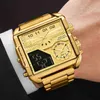 Boamigo Top Brand Luxury Fashion Men Watches Gold rostfritt stål Sport Square Digital Analog Big Quartz Watch for Man 211124272G