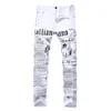 Męskie dżinsy mężczyźni proste szczupły dopasowanie chude białe spodnie litera drukowana moda dżinsowe spodnie Drop240s