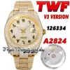 2022 TWF V3 126333 126334 A2824 orologio automatico da uomo 116244 pavé di diamanti quadrante arabo cassa in oro inossidabile 904L completamente ghiacciato Dia325w