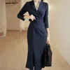 Casual Dresses Office Ladies V-ringning Double Breasted Blazer Trumpet Dress Belted Women Business Slim Merraid322B