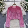 Women's T Shirts Women Body Crop Top Feminina Floral Check Embroidered Lace Mesh Long Sleeve Sequined Beaded Short Shirt