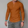 Herr t-shirts pullover-knapp t-shirt fast färg casual rund hals långärmad tunika botten topps256r