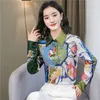 Luxury Fashion Silk Satin Graphic Shirt Women Designer Autumn Winter Lapel Classic Button Front Shirts 2023 Office Ladies Long Sleeve Runway Blouses Formal Tops