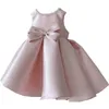 Düğün Aplike Balo Gown için Pembe Saten Çiçek Elbiseleri Toddler Elbise Tül İnciler Büyük Yay Nedime Kız Pageant İlk Cemaat Elbise 403