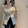 Women's Blouses Women Back Bow Satin Puff Sleeve Blouse Shirt Fashion Slim Office Lady Casual Korean Hollow Out Turn Down Collar Chic Top