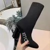 Silhouette Ankle Boot Socken mit Absatz Stiefel Mode sexy Gestrickter elastischer Stiefel Designer Alphabetische Damenschuhe Dame Buchstabe Dicke High Heels Große Größe 35-42 04