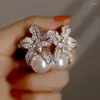 Stud Earrings Cute Female Crystal Stone Flower Silver Color Wedding For Women Charm Fashion Big White Pearl