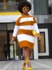 Plus Size Dresses L-4XL Women Stripe Printing Long Sleeve African Style Midi Dress Fashin Basic Side Slit T-shirt Slim