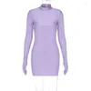 Casual Dresses Pink Long Sleeve Bodycon Dress med handskar Hack Neck Skinny Mini 2023 Autumn Winter Fashion Short Birhtday Party