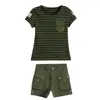 Tute da donna T-shirt mimetica estiva con scollo a O Pantaloncini verde militare con grande tasca Abbigliamento sportivo Casaual Set da 2 pezzi