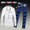 Spring Autumn Men's Long Sleeve Shirt Cotton Blends Jeans Pants 3pcs Set Casual Style Printing White Sky Blue Male Clothes R231004