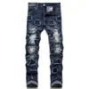 Donkerblauwe Jeans voor Heren met Klinknagelgat Mode Slanke Stretch Gat Patch Kleine Rechte Denim Broek Lente Herfst Punk Stijl Streetwe310K