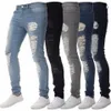 Men Jeans Ripped Hole Slim Fit Casual Mens Steet Wear Distressed Pencil Pants Black Light Blue Denim Trousers Full Length Pant 210305x