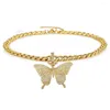 Kedjor Big fjärils hänge guldfärghalsband för kvinnor trendiga full strass rostfritt stål trottoark kubansk länkkedja gp433