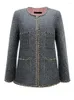 女性用ジャケット高品質の古いマネースタイルの女性服装チェーンコート秋/冬のカシミアトリムミッドレングスグレーウールトップ