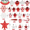 GUDELAK 105PCS kerstbal ornamenten boomversieringen, rode en witte onbreekbare kerstversieringen set met draagbare geschenkdozen voor C