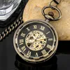 Orologi da tasca Orologio meccanico a carica manuale Scheletro con numeri romani Quadrante Vintage Orologio pendente nero/bronzo/argento per uomo Regali di compleanno