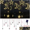 LED -strängar Solar Lamp Star Moon Fairy Curtain String Lights Christmas Garland för Bar Home Party Garden Patio Window Decor Remote Dro DHER5