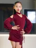 Stage Wear 2023 Children Latin Dance Dress For Girls Burgundy Long Sleeves Fringe Rumba Performance Competition DNV18616
