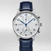 Klasyczny nowy ruch kwarcowy Chronograph Men Watch Stopwatch Sapphire Watches Silver Blue Leather Sport Limited White Dial259i