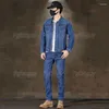 Herrespår affärsansvariga jeans Set Dark Blue Slim Fit Stretch Jacket and Pants Two Piece Daily Wear Classic Simple Male Denim Suits