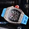 Square Diamond Watch Mens Six-Pin Tonneau Multi-Function Quartz Watches Fashion Calendar Rubber Strap Wristwatch 2021213o