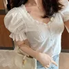 Women's Blouses GGRIGHT Chemise Femme Short Puff Sleeve Blouse Shirt Top Women Poleras Mujer Back Lace Up White Summer Lady Tops 2023