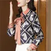 Luxury Silk Satin Floral Beige Shirts Women Designer Lapel Long Sleeve Printed Bluses 2023 Autumn Winter Elegant and Youth Button Up Shirt Office Ladies Runway Tops