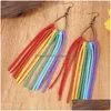 Lampadario pendente a goccia accentati arcobaleno in pelle scamosciata nappa orecchini Boho per le donne moda 16 cm lunga frangia gioielli dichiarazione D Dhtnd