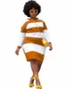 Plus Size Dresses L-4XL Women Stripe Printing Long Sleeve African Style Midi Dress Fashin Basic Side Slit T-shirt Slim