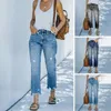 Jeans da donna Donna strappati con tasche applicate Chiusura con cerniera Pantaloni corti vintage a vita alta Autunno Casual Denim dritto Donna