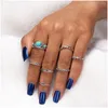 Cluster Rings 7pc/set Vintage Big Blue Stone Punk Antique Carved Fashion Midi Finger For Women Bohemian Knuckle Ring Set smycken Drop Dh6cg