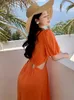 Robes décontractées de base Robe longue orange sexy à col en V pour femmes d'été à manches courtes bouffantes taille creuse robes de vacances haut de gamme Robe 2024