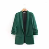 Women's Suits Ruched Cuff Women Spring Autumn Blazers Three Quarter Sleeve Office Lady Solid Suit Jacket Shawl Collar Pockets Coat For