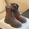 Topkwaliteit suède platform-motor-enkellaarzen dames Combat Knight-laarzen luxe designerschoenen fabrieksschoeisel bruin grijs wit met doos