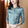 Vintage Silk Satin Button Up Shirt Długie rękawie biuro Panie Projektant Elegancki klapy beżowe bluzki plus w rozmiarze 2023 jesienne zimowe szyk geometryczny nadruk topy pasa startowego