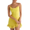 Robes décontractées Jaune Sexy Dos nu Halter Femmes Robe Solide Couleur Spaghetti Sangle Moulante Mini Été Volants Party Club Mousseline de mousseline