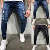 Jeans masculinos homens magros slim fit rasgado grande e alto estiramento azul para homens angustiados cintura elástica M-3XL276u