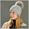 Beanie/Skull Caps Beanies Beanie/Skl Winter Real Raccoon Fur Pom Hat Women Ladies Wool Knitted Cap With Big Fluffy Pompom Cashmere Ang Dhooz