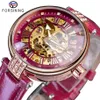 Forsining moda esqueleto dourado diamante design vermelho pulseira de couro genuíno luminosa senhora relógios mecânicos marca superior luxo276t