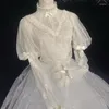 Kvinnors blusar långärmad sommar kawaii se genom toppar fransk stil söt lolita blus kvinnor elegant mesh spets ruffles bow prinsessa